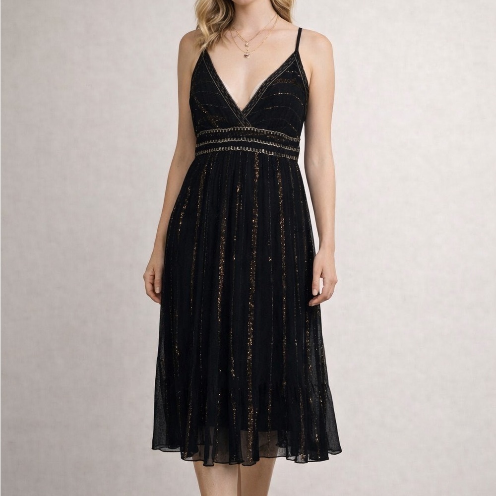 Vintage Y2K CYN Cynthia Mehra Black Beaded Midi Dress Goth Dark Fairy Boho